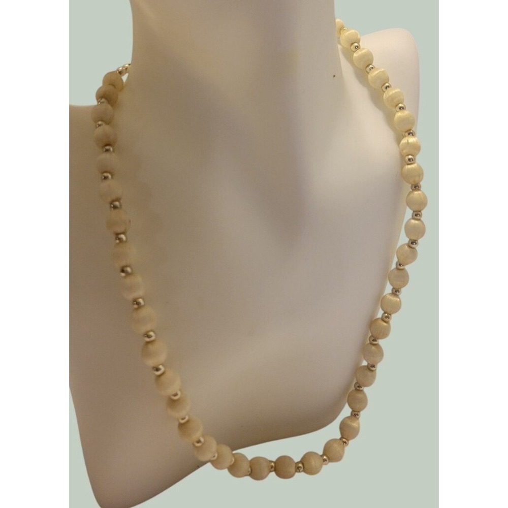 Vintage Beaded Necklace Silk Thread Wrapped Minimalist Classic Cream Off White